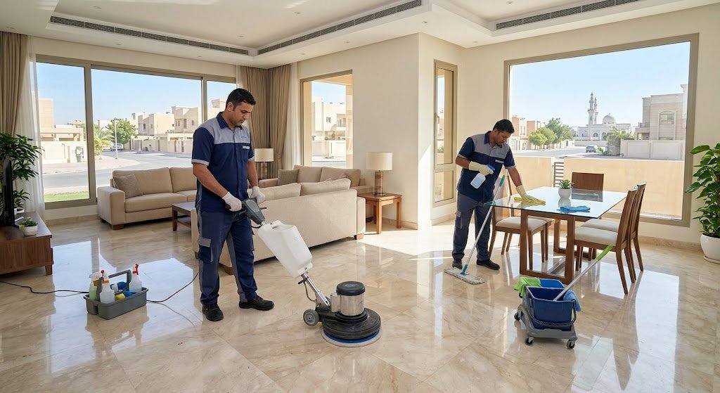 فريق عمل محترف يقوم بتنظيف وتلميع أرضيات وأثاث المنزل بدقة وإتقان باستخدام أحدث المعدات ضمن خدمات تنظيف منازل حي الغدير لضمان بيئة نظيفة وصحية وراحة العملاء.
