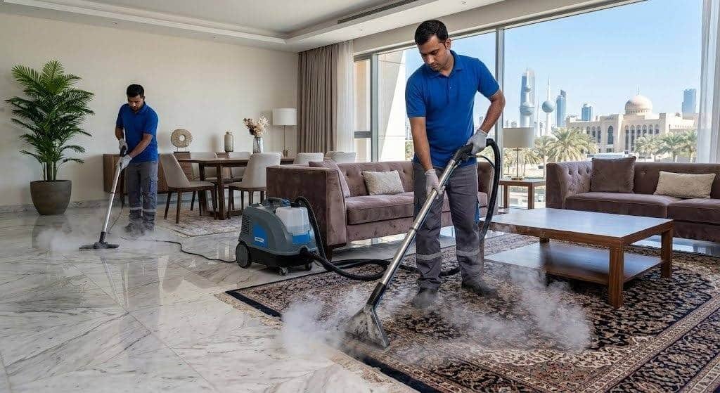 فريق عمل محترف يقوم بتنظيف وتعقيم المنازل بدقة وأمان باستخدام أحدث المعدات ومواد التنظيف الفعالة ضمن خدمات تنظيف منازل حي الروابي لضمان بيئة صحية ونظيفة وراحة العملاء.