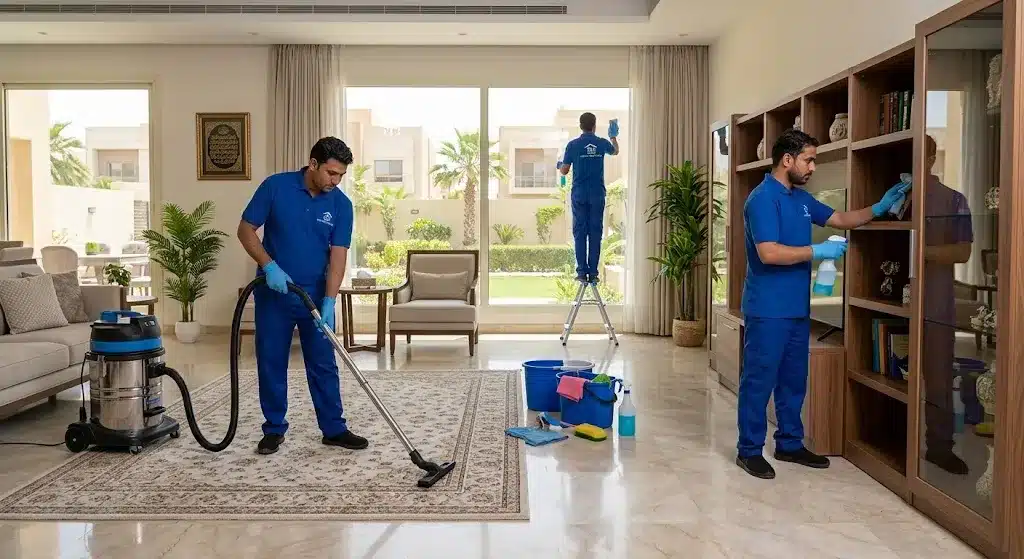 فريق عمل محترف يقوم بأعمال تنظيف وتعقيم المنازل بدقة وأمان باستخدام أحدث المعدات والمواد الفعالة ضمن خدمات تنظيف منازل حي الحائر لضمان بيئة نظيفة وصحية وراحة العملاء.
