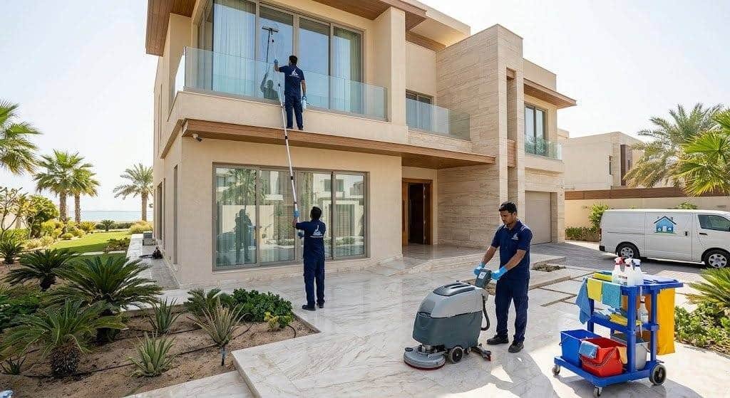فريق عمل محترف يقوم بأعمال تنظيف وتلميع المنازل بدقة وأمان باستخدام أحدث المعدات ومواد التنظيف الفعالة ضمن خدمات تنظيف منازل حي جرير لضمان بيئة صحية وراحة العملاء.
